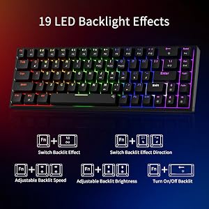 Text reads '19 LED Backlight Effects'. Compact mechanical keyboard with RGB backlighting in green and blue zones. Display shows backlight effect options: 'Switch Backlit Effect', 'Adjustable Backlit Sound', 'Adjustable Backlit Brightness', 'Turn On/Off Backlit'.