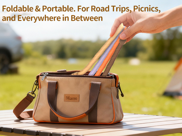 Packing foldable silicone straws in a travel bag for camping, picnics, and road trips.