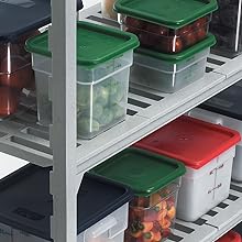 Cambro shelving and square containers of all sizes and materials.