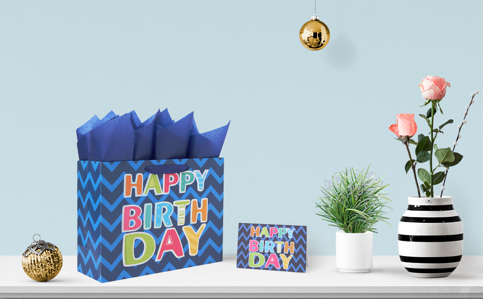 13‘’ Large Blue Laser Foil Happy Birthday' Border Gift Bag Set