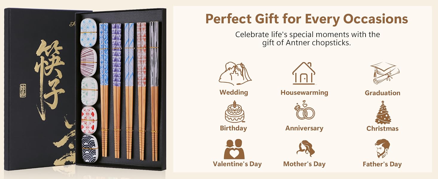 Reusable Bamboo Chopsticks and 5PCS Ceramic Rests Set