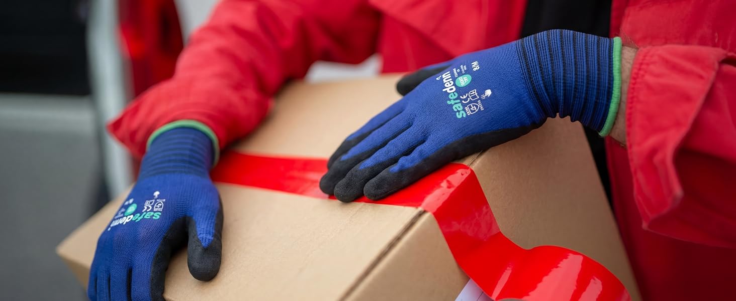 Safedenn 21-gauge nylon breathable work gloves worn by a warehouse worker holding a shipping box.