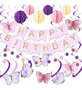 KAWKALSH Birthday Decorations, Happy Birthday Banner with Honeycomb Balls, Butterfly Hanging Swir...