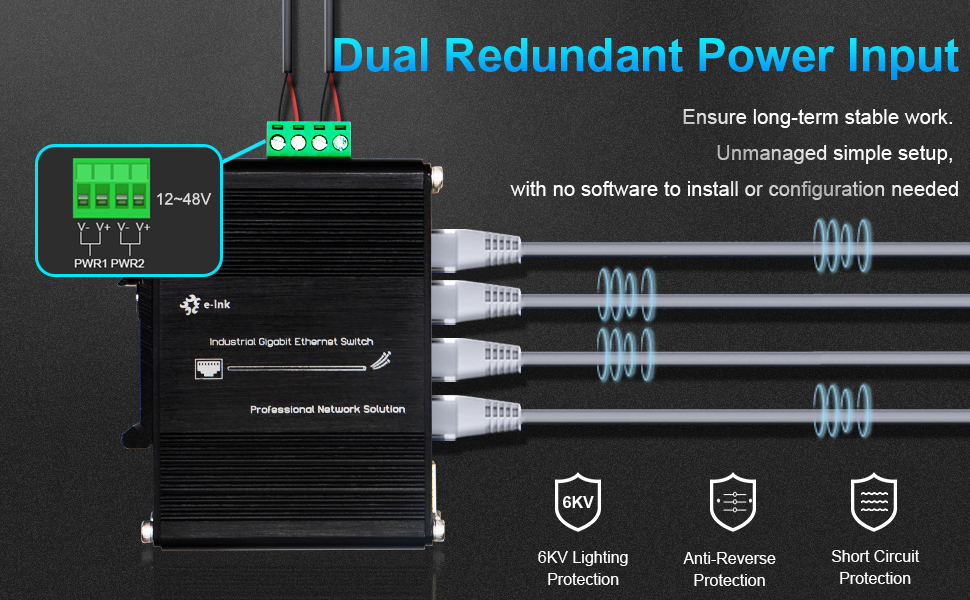 5 Port Gigabit Industrial DIN-Rail Ethernet Switch, 10Gbps Switching Capacity, Plug and play
