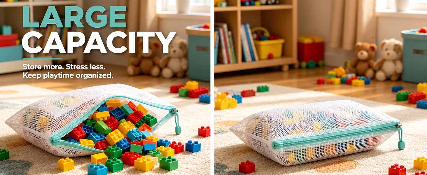 Transparent mesh zipper storage bag large capacity for kids toy blocks stationery organizer