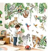 decalmile XXL Safari Animals Wall Stickers Jungle Tigers Lions Tropical Hanging Vine Leaves Wall ...