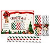 100 Pack Christmas Paper Straws, Green Red and Silver Striped Straws | 7.75in Xmas Party Straws f...