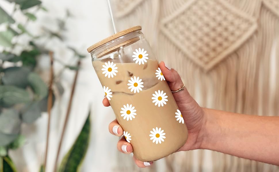 Cute Glass Cups with Lids and Straws