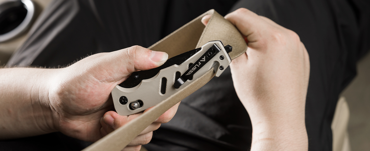 FLISSA Folding Pocket Knife with Glass Breaker and Seatbelt Cutter