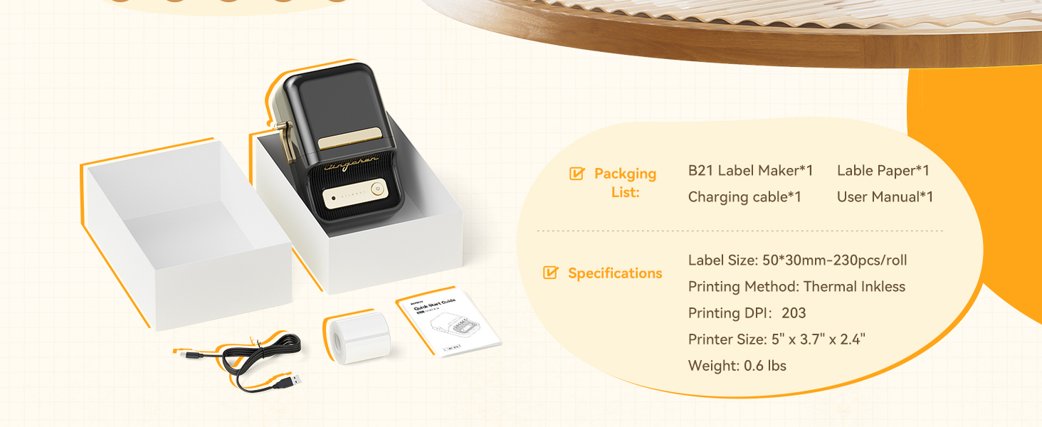 B21 label maker machine with tape, a roll of 230pcs labels, 50x30mm-2inchx1.18inch
