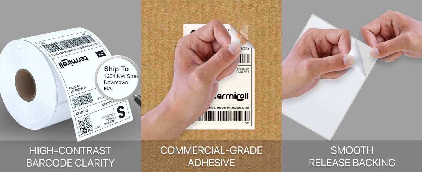 Termiroll Labels are HIGH-CONTRAST BARCODE CLARITY, COMMERCIAL-GRADE ADHESIVE, RELEASE