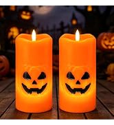 Lasumora Halloween Pumpkin Decor, Flameless Pillar Candles Battery Operated | Flickering Wick, Re...