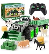 Remote Control Tractor Toy, Kids RC Tractor Set with Truck & Trailer and Light/Loading/8 Wheel, 2...