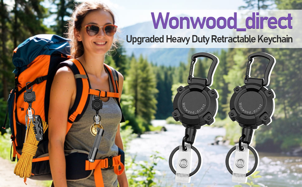 Text reads 'Wonwood_direct'. Multiple views of heavy-duty retractable keychains with metal clips shown against outdoor settings.