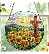 Cross and Sunflowers Stained Glass Sun Catcher,Christian Suncatchers Window Hanging Flower Cross ...