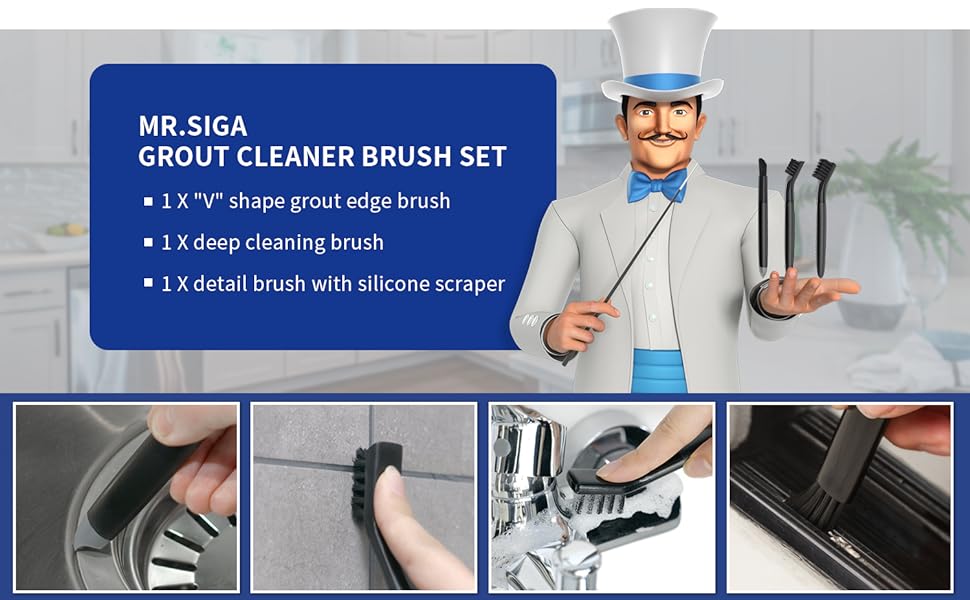 MR.SIGA Grout Cleaner Brush Set, Detail Cleaning Brush Set for Tiles, Sinks, Drains, Grout Brush