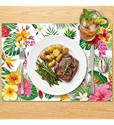 50 Pack Tropical Floral Paper Placemats, Disposable Table Mats with Hibiscus Flowers, Palm Leaves...