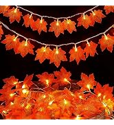 BEEWIN 2 Pack Thanksgiving Decorations Fall Leaves Garland with Lights,Total 20FT 40 Led Maple Le...