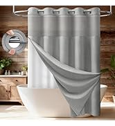 BTTN Grey Ringless Shower Curtain Set, Linen Textured Waterproof Fabric Shower Curtain with Magne...