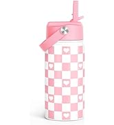 SANDJEST Checker Print Kids Water Bottle With Straw Lid 12oz Insulated Stainless Steel, Travel Tu...