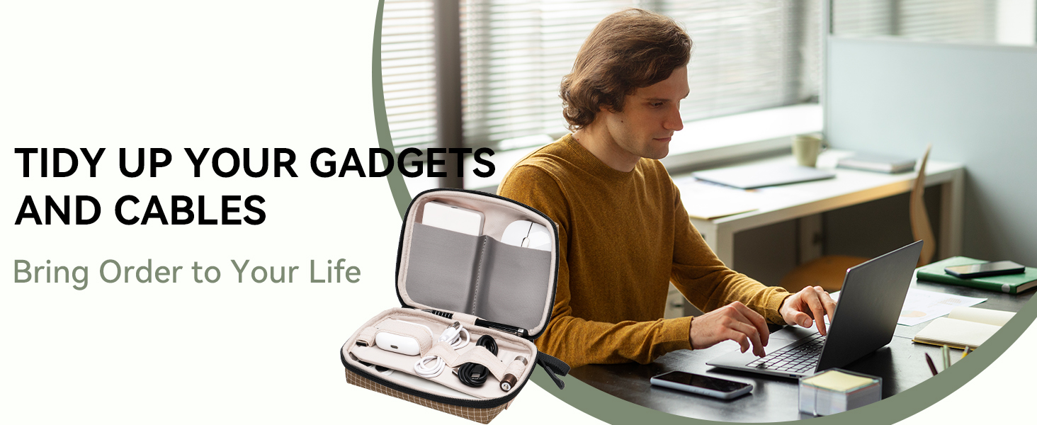 Text reads: 'TIDY UP YOUR GADGETS AND CABLES' 'Bring Order to Your Life'. Banner showing desk setup with laptop and organized cables in modern office setting.