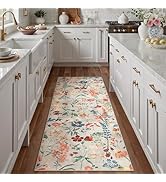 PureCozy Floral Runner Rug 2x6 Washable Hallway Long Beige Bedroom Carpet Non Slip Indoor Boho Ki...