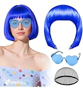 PLULON Blue Bob Wig with Heart Sunglasses and Hair Cap for Women, Short Bob Wigs Synthetic Colore...