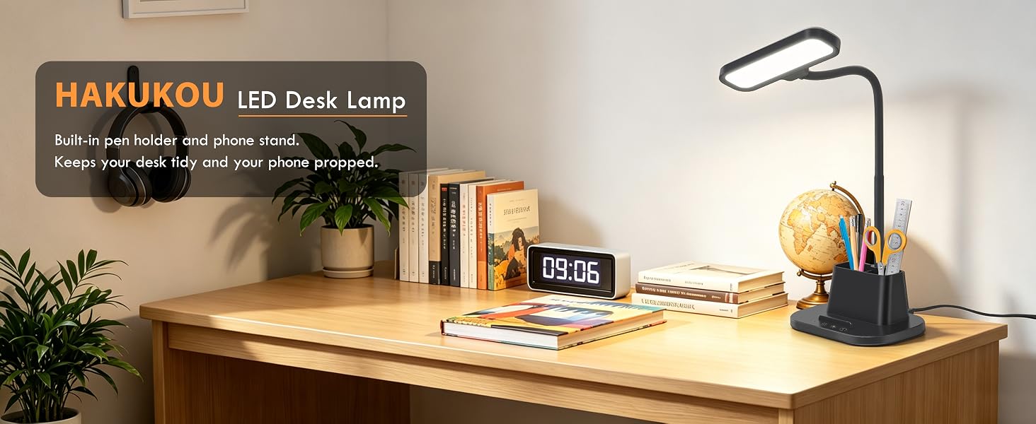 LED Desk Lamp for Dorm Room with Pen Holder USB Charging Port Small Reading Light for Home Office