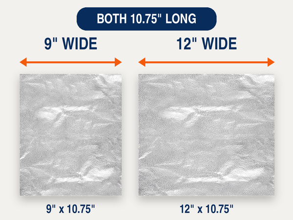 Comparison of 9 x 10.75-inch and 12 x 10.75-inch BronzeOx aluminum foil sheets.