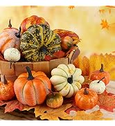 HAKACC 14 PCS Artificial Lifelike Simulation Mixed Pumpkins Fake Pumpkins with 30PCS Fake Maple L...