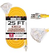 IRON FORGE CABLE 25 Foot Lighted Outdoor Extension Cord with 3 Electrical Power Outlets - 12/3 SJ...
