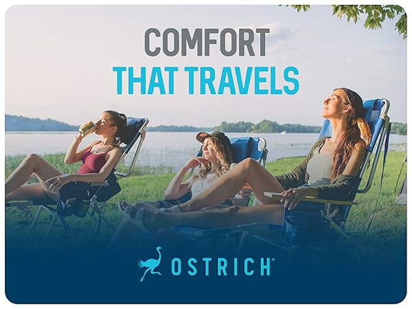 Three women sitting on beach chairs near a lake. Text reads: Comfort That Travels.