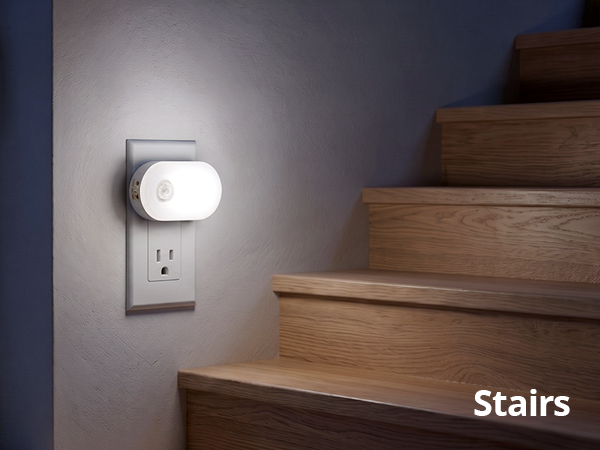 Plug-in indoor step light ensuring safe stair navigation.