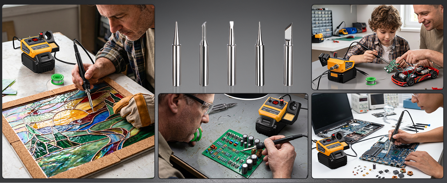 5 extra soldering tips, example of Applications for the soldering station dewalt battery compatible