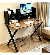 TECHYAP 44"×24" Black Computer Desk with Charging Ports & Hutch Pegboard | 2-in-1 Study Gaming De...