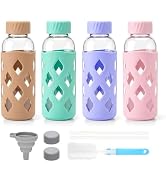Zukro 16 oz Glass Water Bottles with Protective Silicone Sleeve 4 Pack | Leak Proof Stainless Ste...