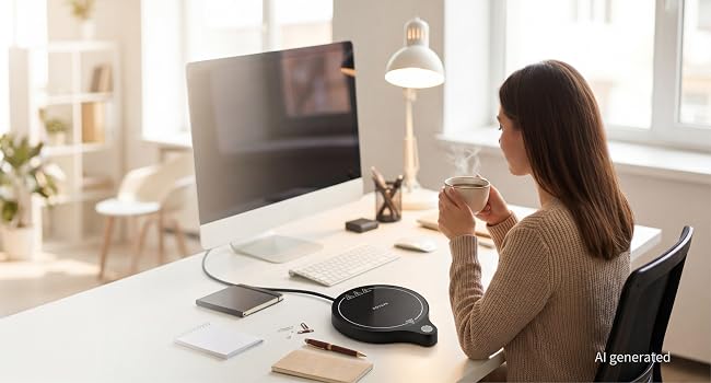 Woman at office desk using ZenthermoRui mug warmer with steaming coffee while working on computer