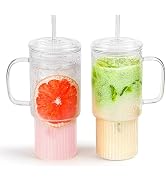 MINGHYZYA 32oz Glass Cups with Handle & Glass Lids and Straws, 2 Pack Large Borosilicate Glass Tu...