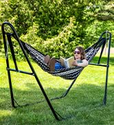 2 person universal black hammock stand with a woman reading a book in a woven mayan hammock