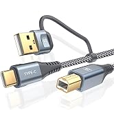 Printer Cable 2-in-1 USB-A/C to USB-B Cord 6.6FT, Type C MIDI Cable Braided High Speed Printer Co...