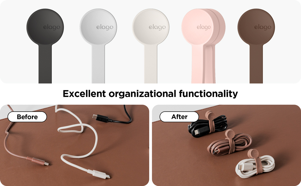 Text reads 'Excellent organizational functionality' with 'Before' and 'After' labels. Five earbuds in black, light gray, beige, pink, and brown colors displayed above organizational comparison showing tangled versus neatly arranged white cables.
