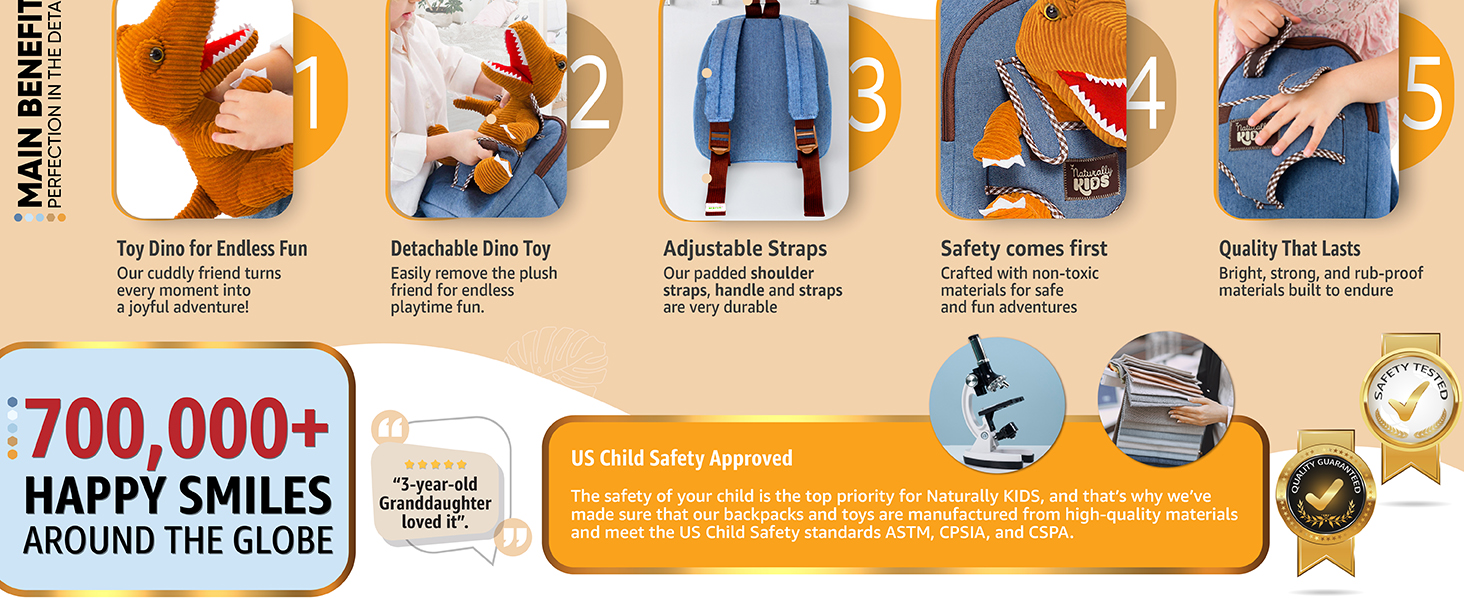 A kids backpack boys adore, with a removable plush dino and soft, padded adjustable straps.