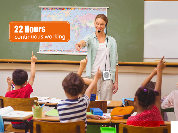 Text reads '22 Hours continuous working'. Classroom setting with students raising hands while instructor stands at chalkboard with educational materials displayed.