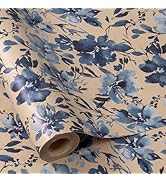 RUSPEPA Blue Floral Gift Wrapping Paper, Indigo Gift Wrap, Watercolor Flower Kraft Paper Roll, Mi...