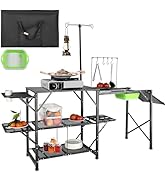 VEVOR Camping Kitchen Table with Sink, Aluminum Folding Portable Outdoor Cook Station, 2 Shelves ...