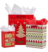 SUNCOLOR Christmas Gift Bags Assorted Sizes with Tissue Paper, 9 Pack, Red Holiday Theme Bags, La...