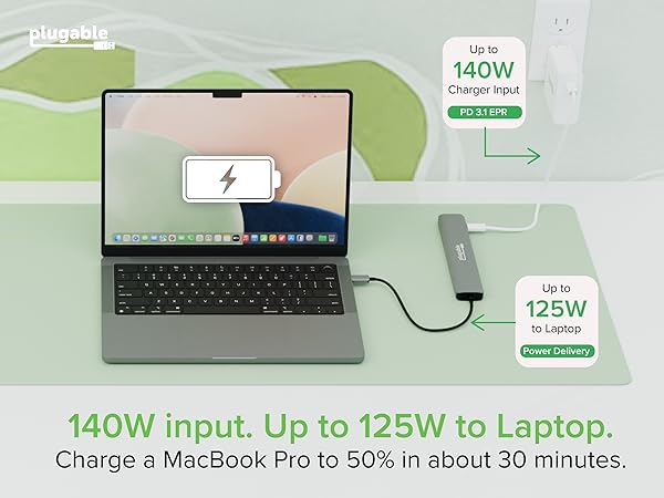 Plugable USB-C Hub highlighting 140W input and 125W output for fast charging and multiport use