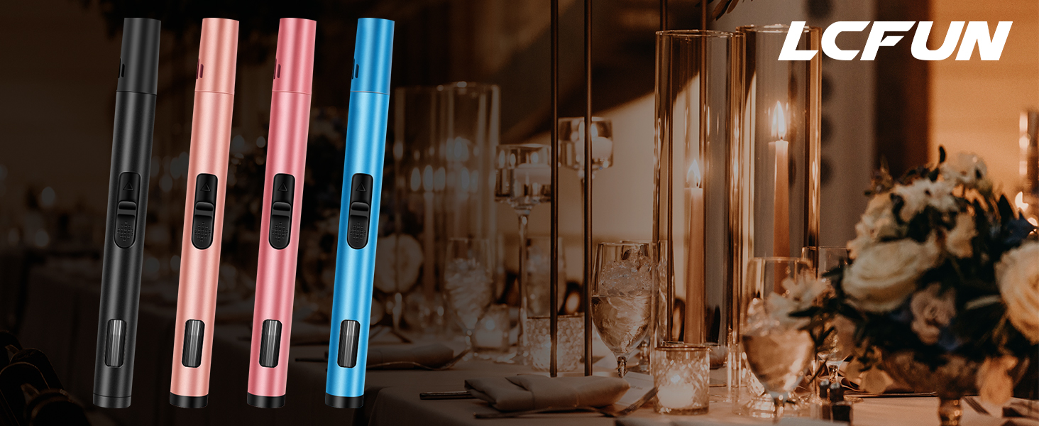 Four slim electronic devices in black, pink, red, and blue colors with visible buttons, displayed against a background of candles and flowers.