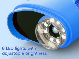 Text reads '8 LED lights with adjustable brightness.' Blue flashlight or torch device with LED array visible at the end.