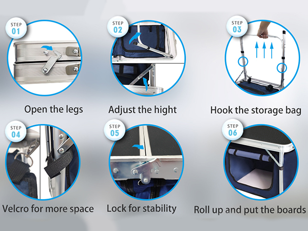 1.Open the legs 2.Adjust height 3.Hook the storage bag 4.Velcro for more space 5.Lock for stability